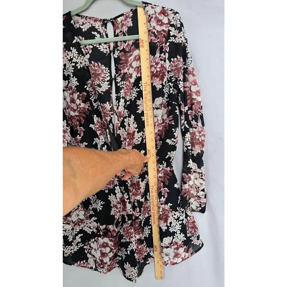 Free People Romper Womens Medium Black Floral Sheer Wrap Long Sleeve Buttons